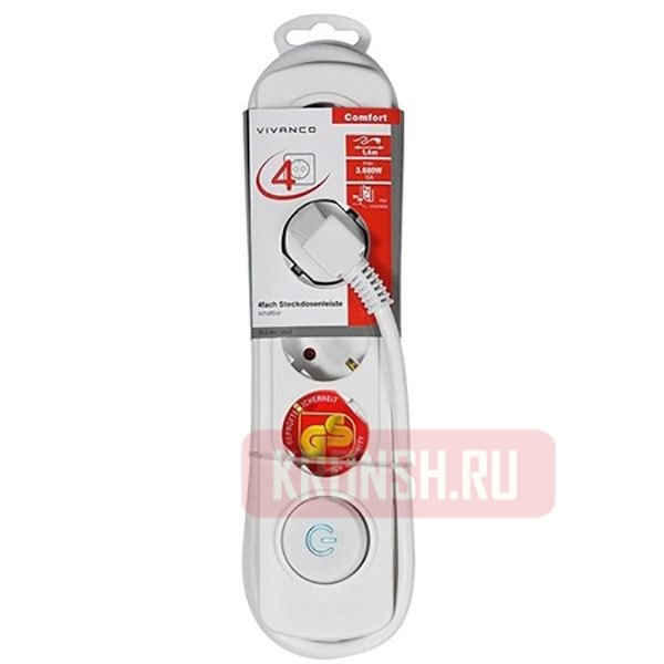 Удлинитель Vivanco (4 розетки, 4 м, белый), 37646